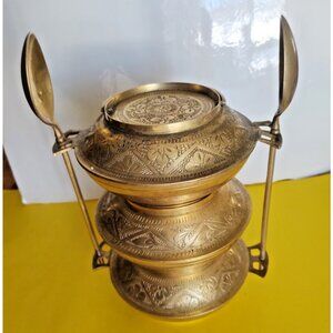 Vintage Etched Brass India Tiffin Lunch carrier complete with spoons 1940's
